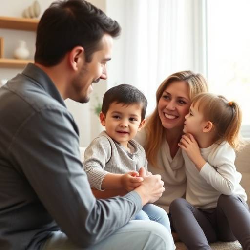 A candid lifestyle shot of a young family interacting in a bright, airy studio space designed to feel like a modern home.