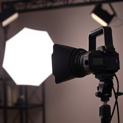A close-up of professional photography lighting equipment arranged in a studio setting.