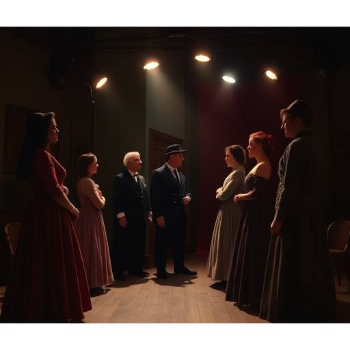 A dramatic scene from a short film, featuring actors in period costumes within a dimly lit, richly decorated studio set.