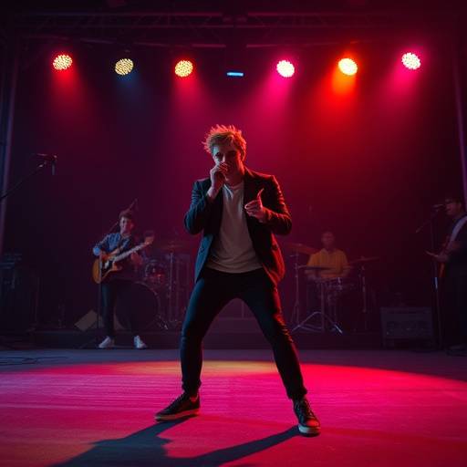 A dynamic music video scene with a solo artist performing under vibrant, colored lights against a stark backdrop.