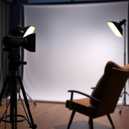A professional interview setup with a subject seated in a comfortable chair, lit by soft studio lights, with a blurred studio background.