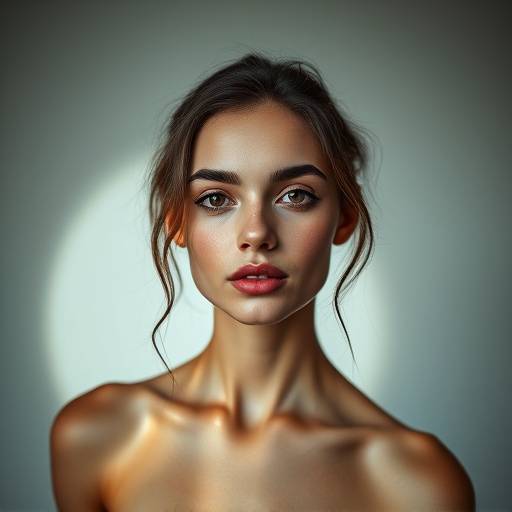 A professional portrait of a model with soft, diffused lighting in a minimalist studio setting.