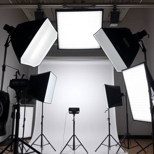 A selection of professional lighting equipment including softboxes, strobes, and LED panels.