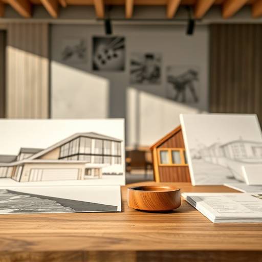 A series of detailed architectural renderings and material samples laid out on a large table under focused lighting.