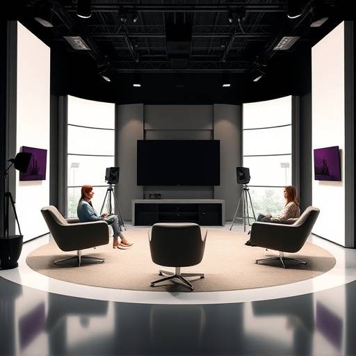 A sleek, modern studio setup with comfortable seating and a large screen for client reviews.