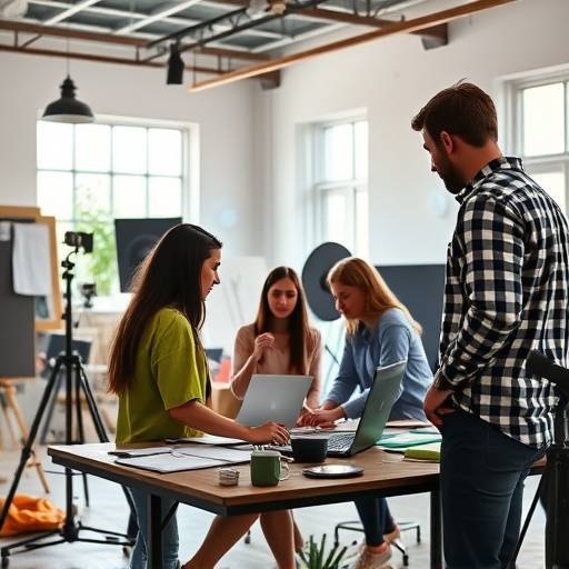 A team of creatives collaborating in a modern studio space.