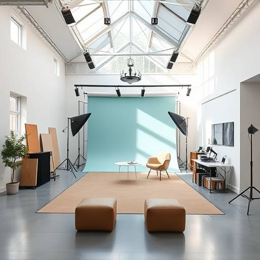 A wide shot of a modern photo studio with ample natural light and a variety of backdrops.