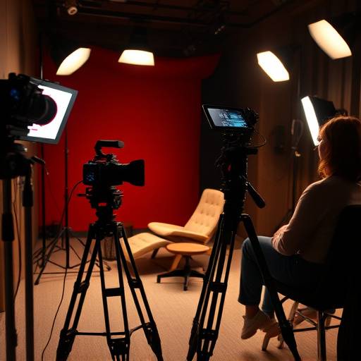 Cinematic interview setup with controlled lighting and professional audio equipment in the Midnight Chamber.