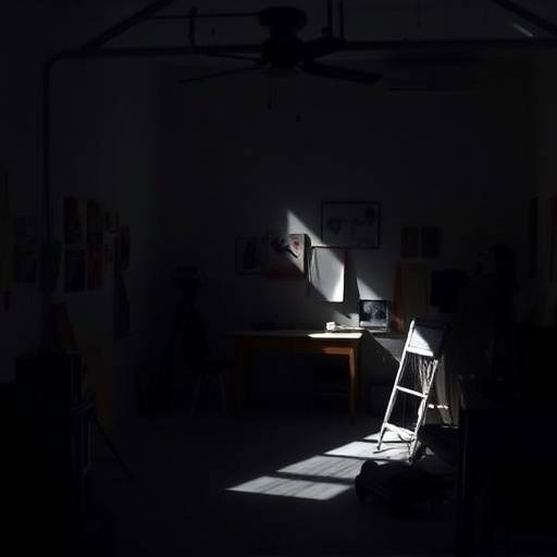Conceptual art photography exploring light and shadow in a dimly lit studio space.