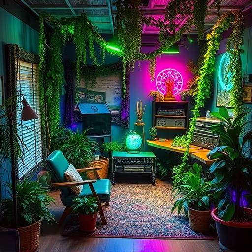 Emerald Haven: A uniquely designed studio featuring lush greenery, custom-built props, and a versatile color-changing LED system.