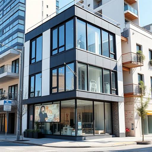 Exterior shot of a sleek, modern building housing Aurora Studios in a vibrant urban district.